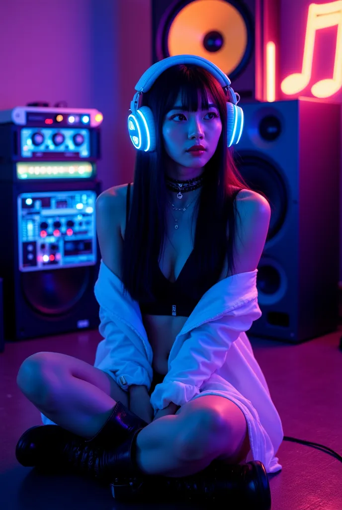 「Real photo of a beautiful Japanese girl sitting in a dark room with headphones that emit ocean blue light、surrounded by speaker...