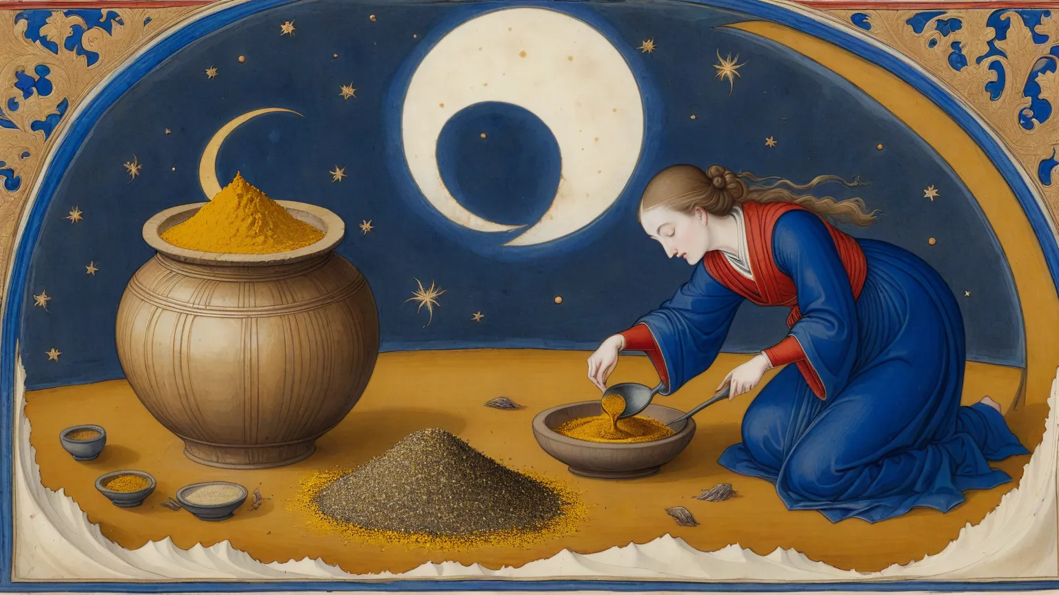 Late 15th-century illuminated manuscript miniature, tempera and shell-gold on vellum, depicting a woman mixing crushed bark and ...