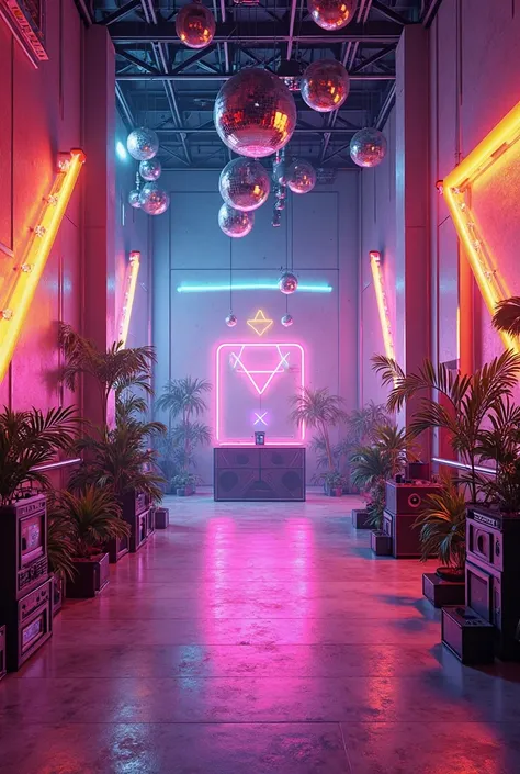 Event decoration, with prominent objects and colors from the 80s, without any people or animals in the image 
