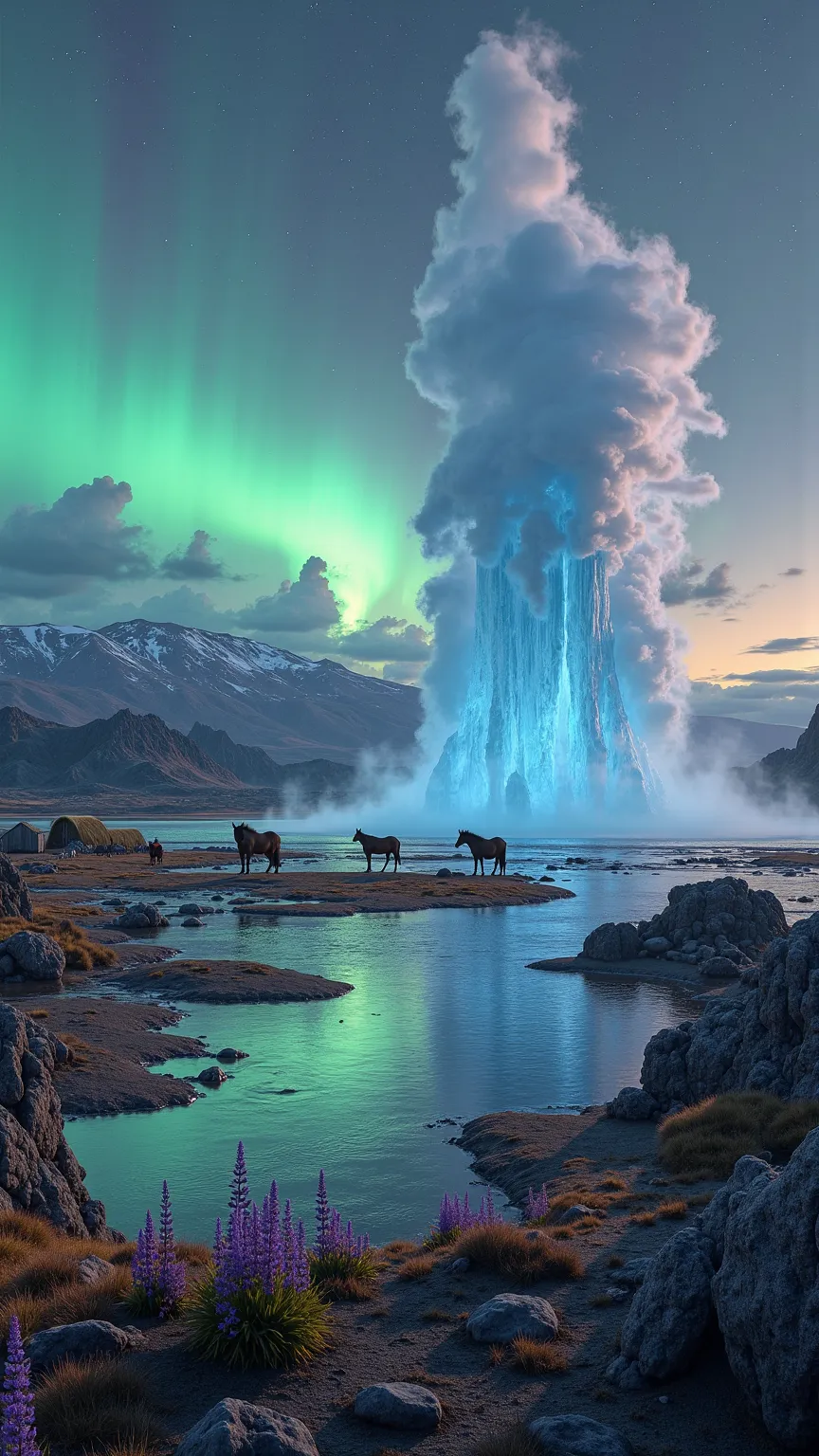 A magnificent Icelandic geothermal landscape rendered in hyperrealistic digital art with extraordinary volcanic detail, featurin...