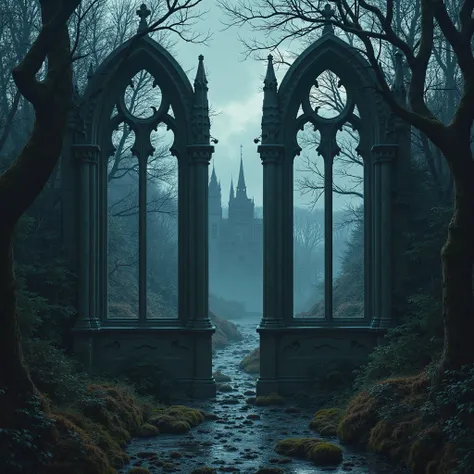 two gothic windows gothic twilight forest evil castles and river true window in a morning rainy day