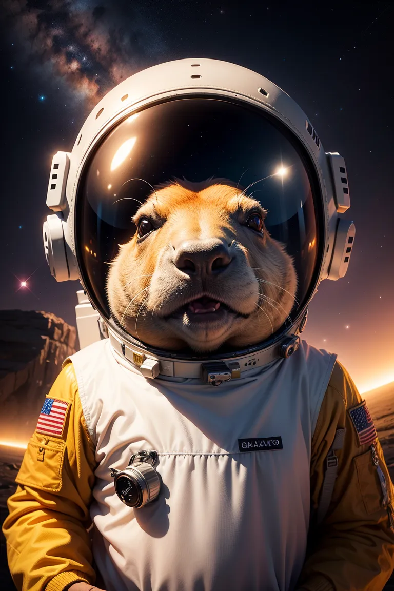 a capybara in an astronaut costume，The background is a vast galaxy