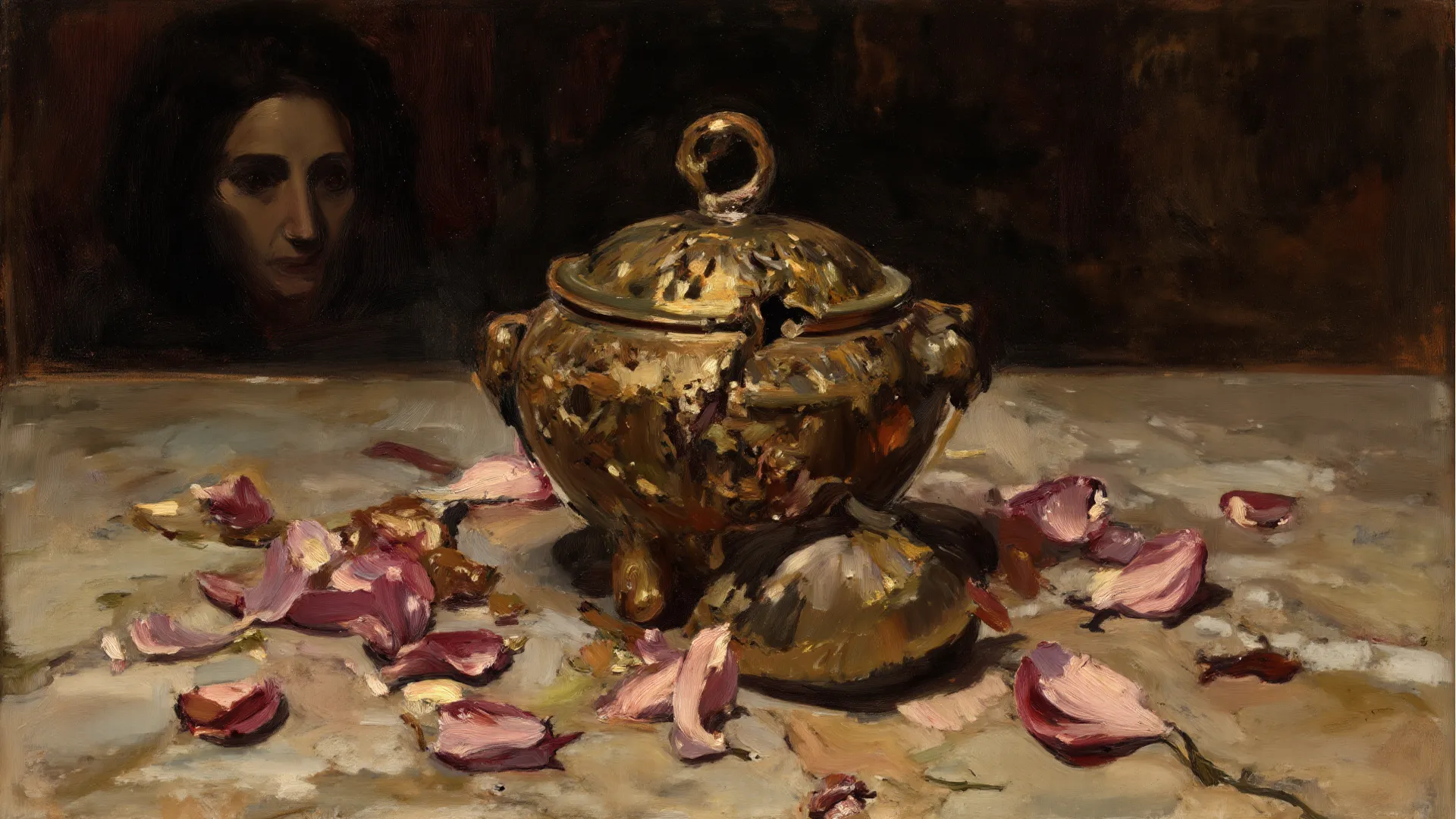 dramatic chiaroscuro oil painting, a shattered reliquary symbolizing the feminine wound, petals and fragments strewn on marble, ...