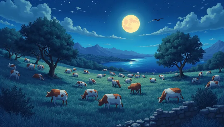 A moonlit field of grazing cows near the sea, their forms peaceful and still, with soft shadows stretching over stone terraces a...