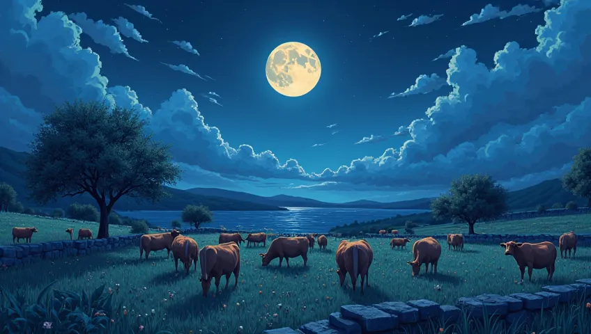 A moonlit field of grazing cows near the sea, their forms peaceful and still, with soft shadows stretching over stone terraces a...