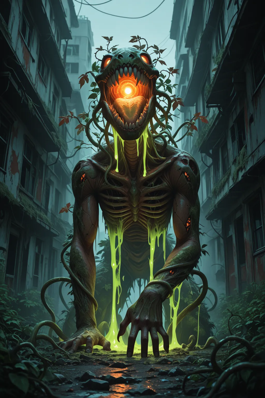 Post-apocalyptic carnivorous plant in 3D video game style, towering and mutated, with rust-colored leaves, glowing toxic sacs, a...