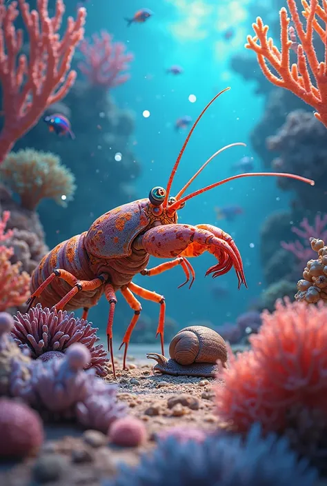 "A colorful Mantis Shrimp in a coral reef knock the snail for food, its large, complex eyes glowing to indicate its ability to s...