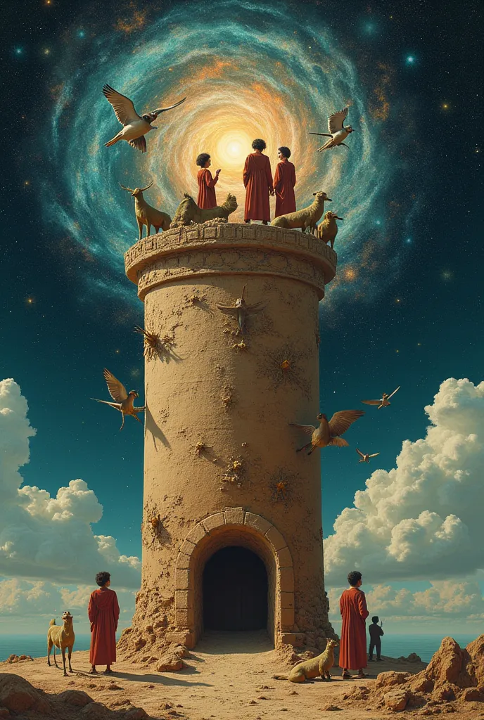A cylindrical cylinder made of clay on top inhabited by the human and animal universe as a background