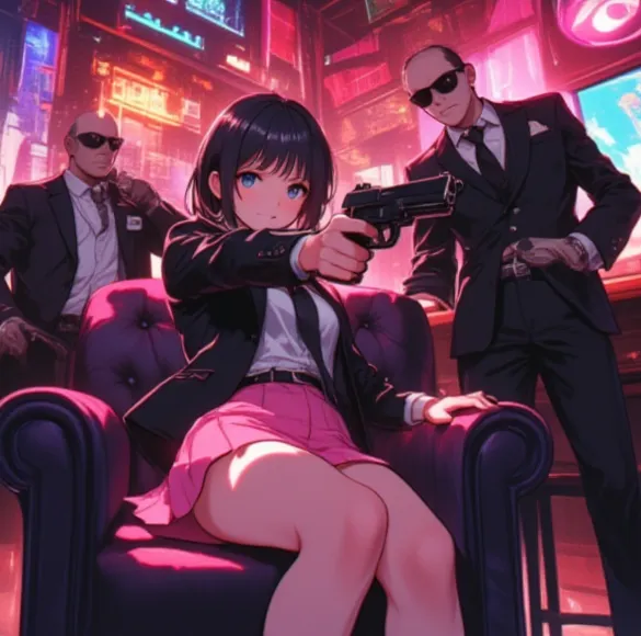 A cute anime girl in a pink skirt sitting in a cozy chair looking a you cutely smiling pointing gun at you behind her high profe...