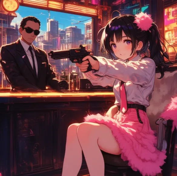 A cute anime girl in a pink and fluffy skirt sitting in a cozy chair looking a you cutely smiling pointing gun at you behind her...