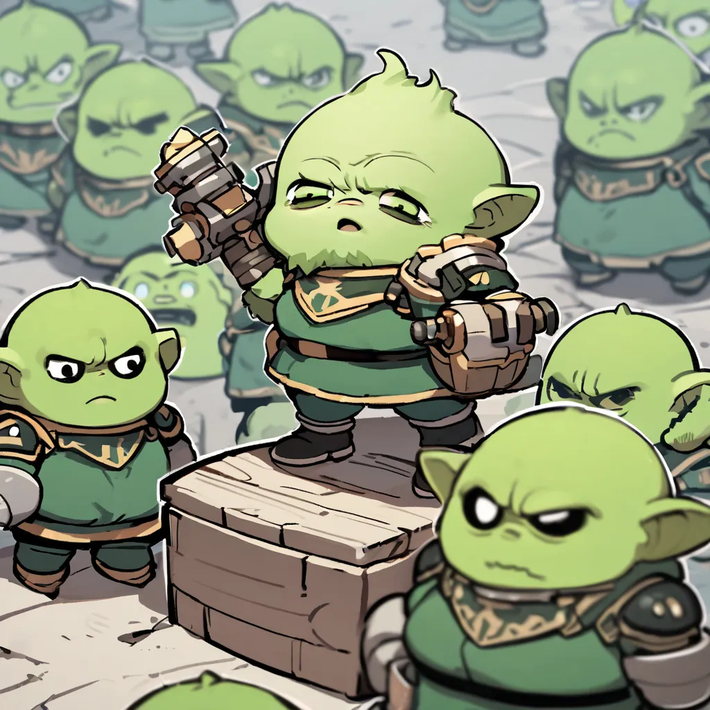 Tiny cute dwarf with big wide expressive eyes, standing on platform, axe in hand, commanding big green ogres troops