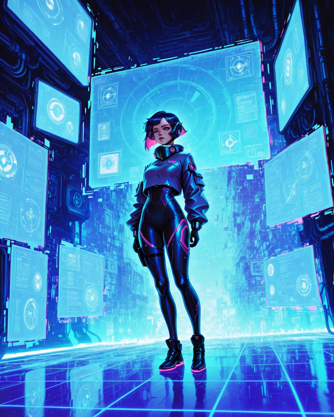 sci-fi girl, digital landscape, glitch effects, holographic screen, neon grid floor, cyber environment, floating UI, futuristic ...