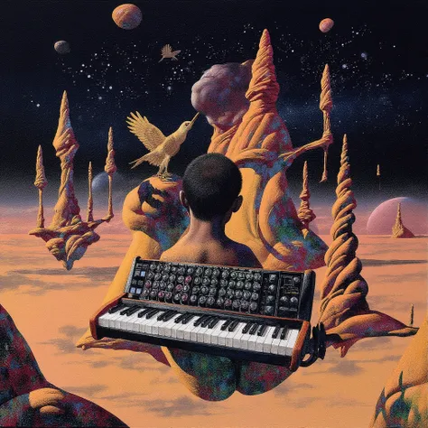 A surreal image, cosmic and spiritual atmosphere that symbolizes the mind of a musician. From the mind of a contemplative man em...