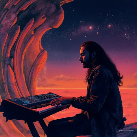 A long-haired, bearded pianist seen in profile playing a analogic synthetizers  in the vastness of the universe's landscape roge...