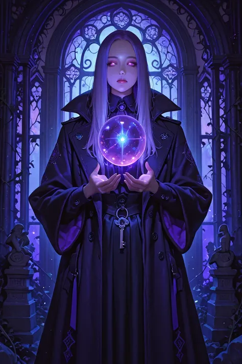 An enigmatic Mysterious Neighbor, a nonbinary figure with short, tousled lavender hair and glowing amber eyes, wearing a long, v...
