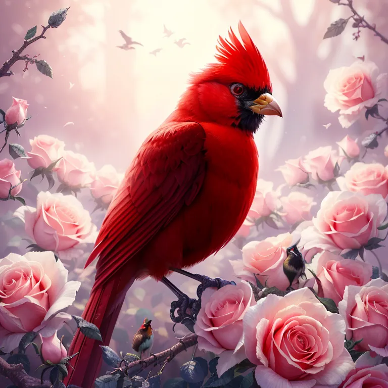arafed red bird sitting on a branch of a tree with pink roses, red bird, an ethereal cardinal bird,  Many birds and roses are fl...