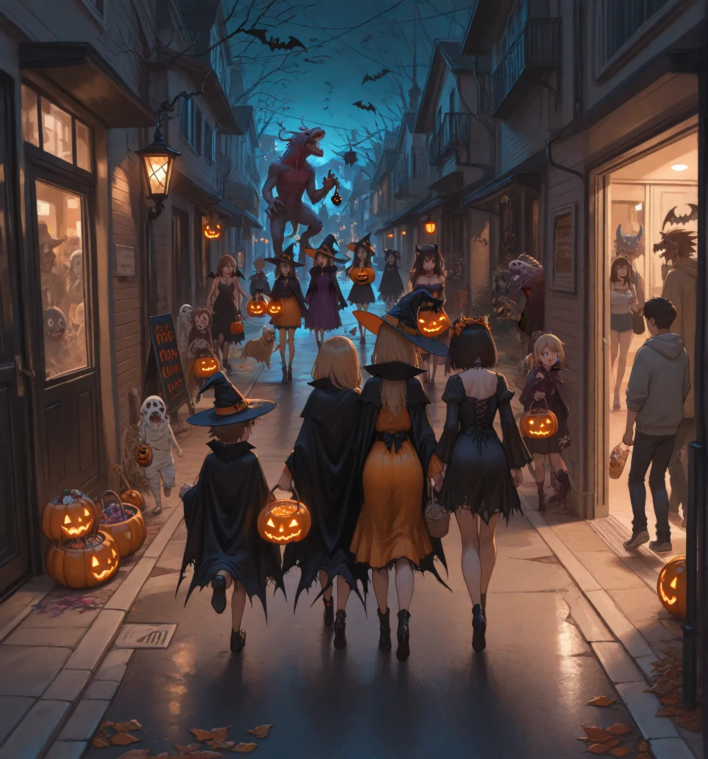 neighborhood, halloween, upstart neighborhood, monsters, walking around, multiple characters, masterpiece, best quality, amazing...