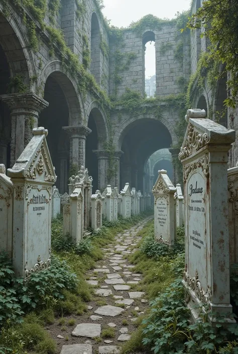 white and very ornate headstones scattered inside a ruined city