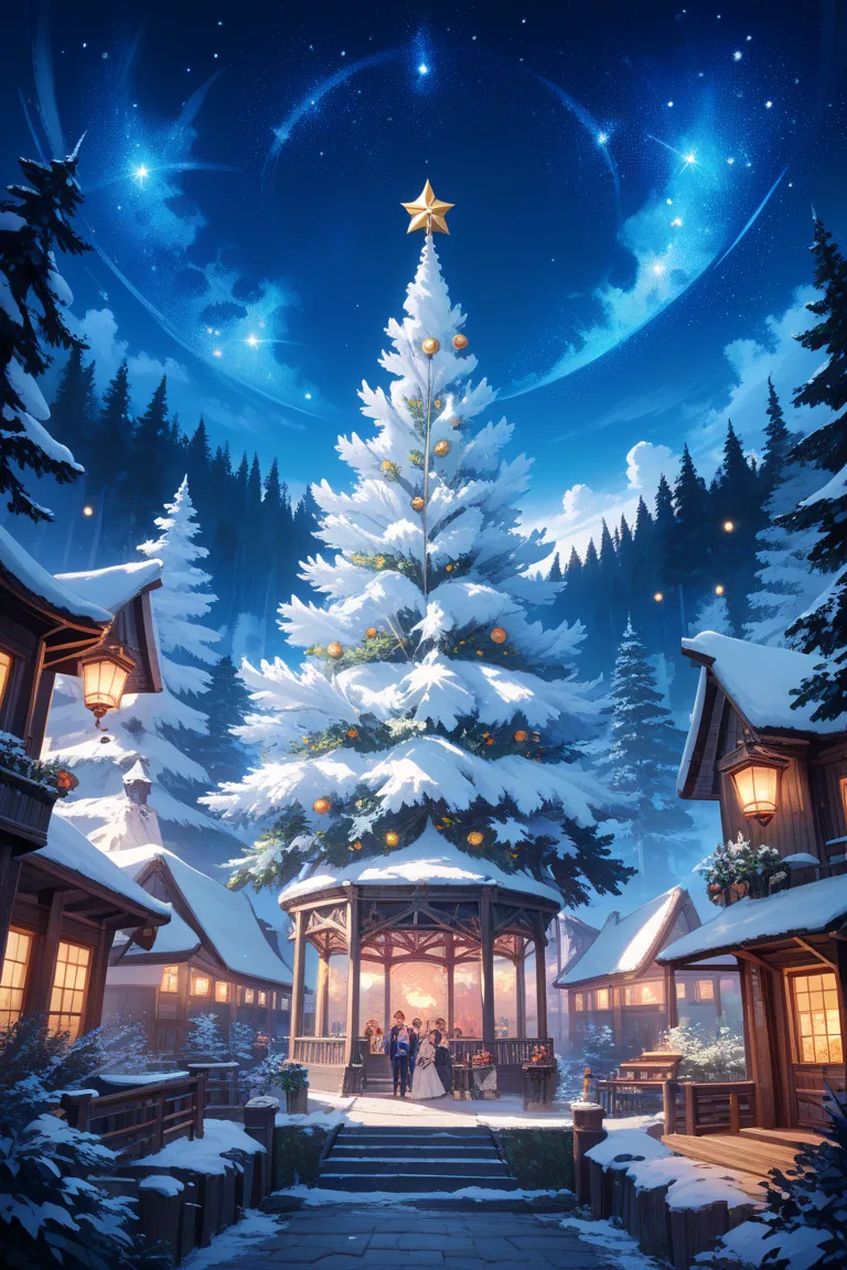 Close up of a Christmas tree with lights and sky background, cyberspace forest landscape, Background Heaven Planet, An infinite ...