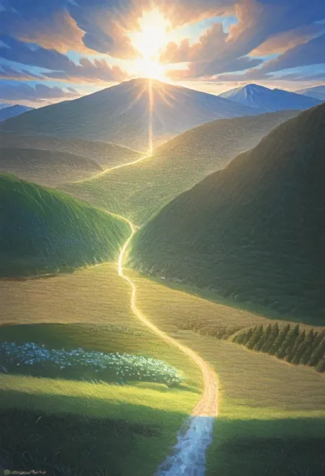 山のlandscapeで、Michael Commerck whose mountain landscape painting depicts the road leading to the,  8K HD Detailed Oil Painting, D...