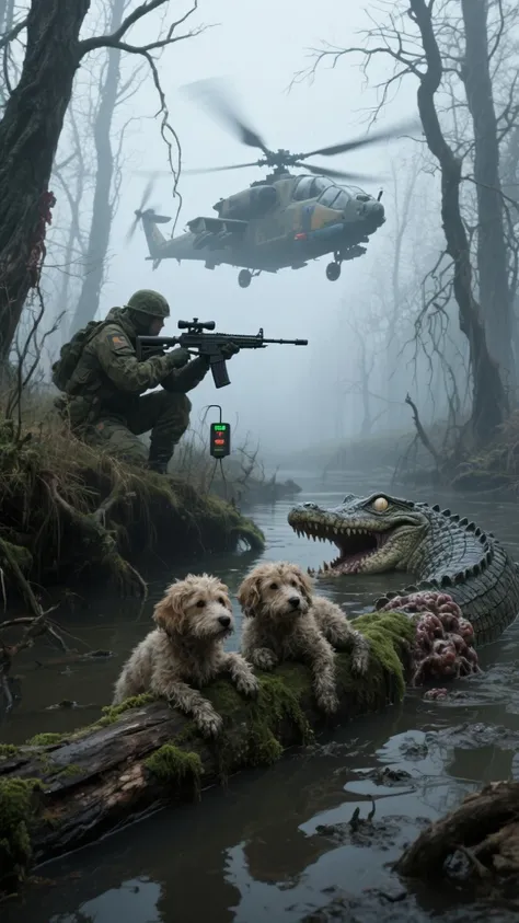 Two small, muddy, curly-haired puppies lie shivering on a moss-covered log drifting slowly through a flooded trench in the heart...