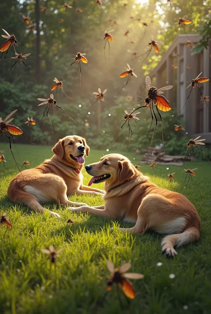 A realistic depiction of mosquitoes hunting domestic dogs in summer, top view