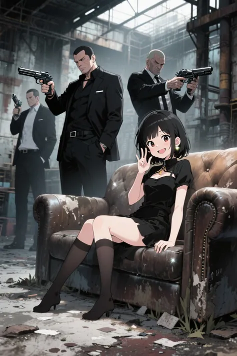 Adachi Tsufu anime、cute girl with a sparkling smile, in a black outfit, she faces us while clinging her legs on the sofa and rin...