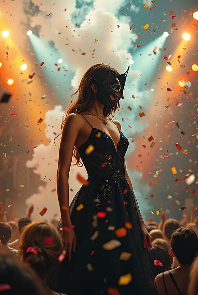 A young pop idol in an elegant, shimmering dress stands before a crowd, her face partially hidden by a dramatic mask. In her eye...