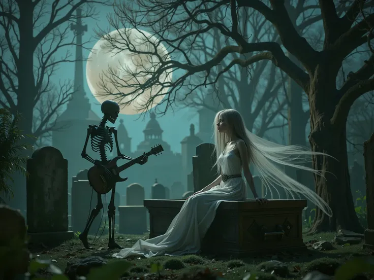 In an old cemetery at night a skeleton plays the electric guitar for a very thin woman dressed in white who sings sitting on an ...