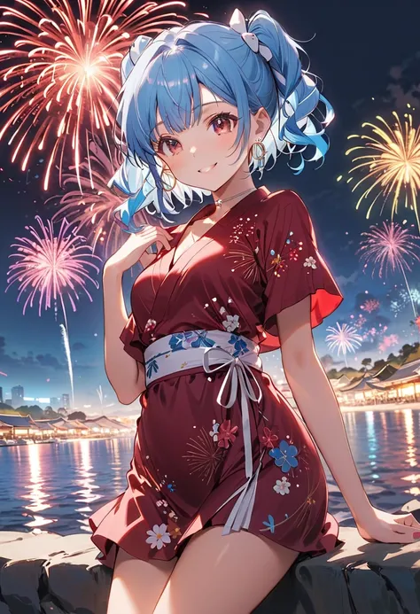 ((night)),((blue hair:1.5)),masterpiece, top quality, ((Rem,Rizero     ,((blue hair:1.5)),cute smile,medium chest,twin tail hair...