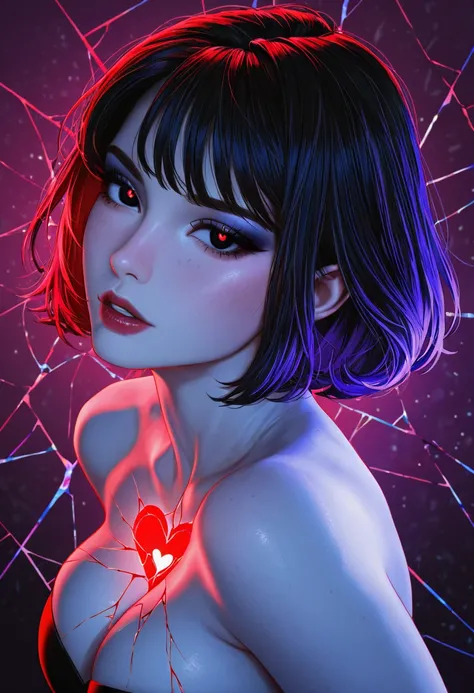 Sexy seductive woman, intimate, promiscuous gaze, parted lips, matching background, seductive pose, glass-like skin, glowing red...