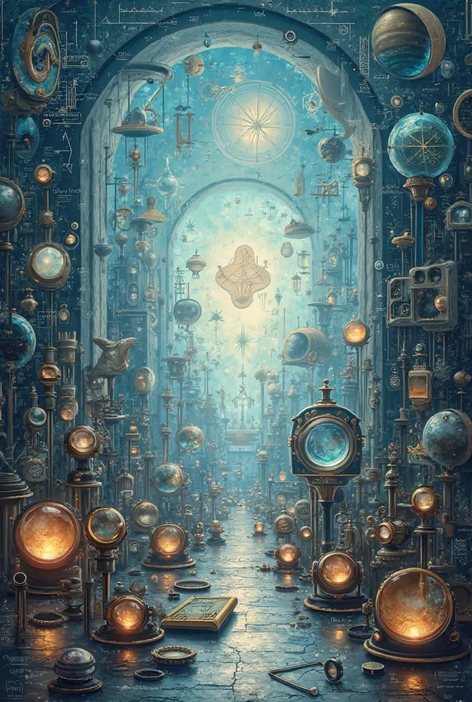 a background with a theme of mathematics and science, And in front of some lenses 
