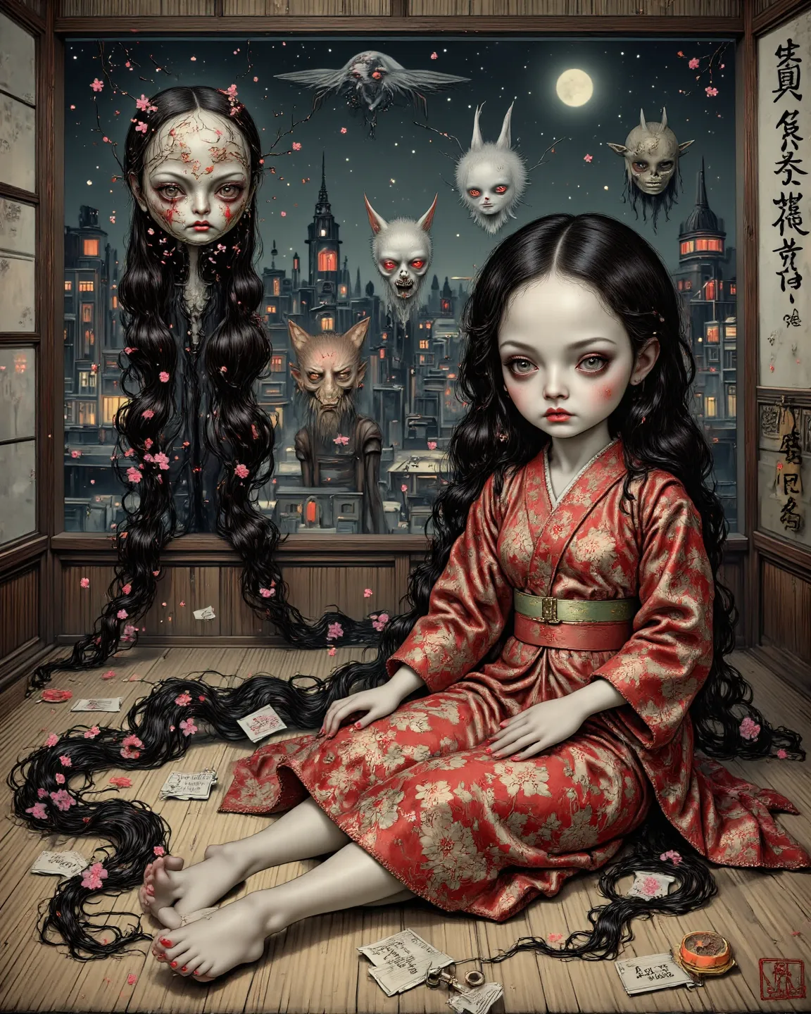 tatami room in moonlight, ukiyo-e style rendering, broken Ichimatsu doll with abnormally long hair flowing out like ink waves, h...