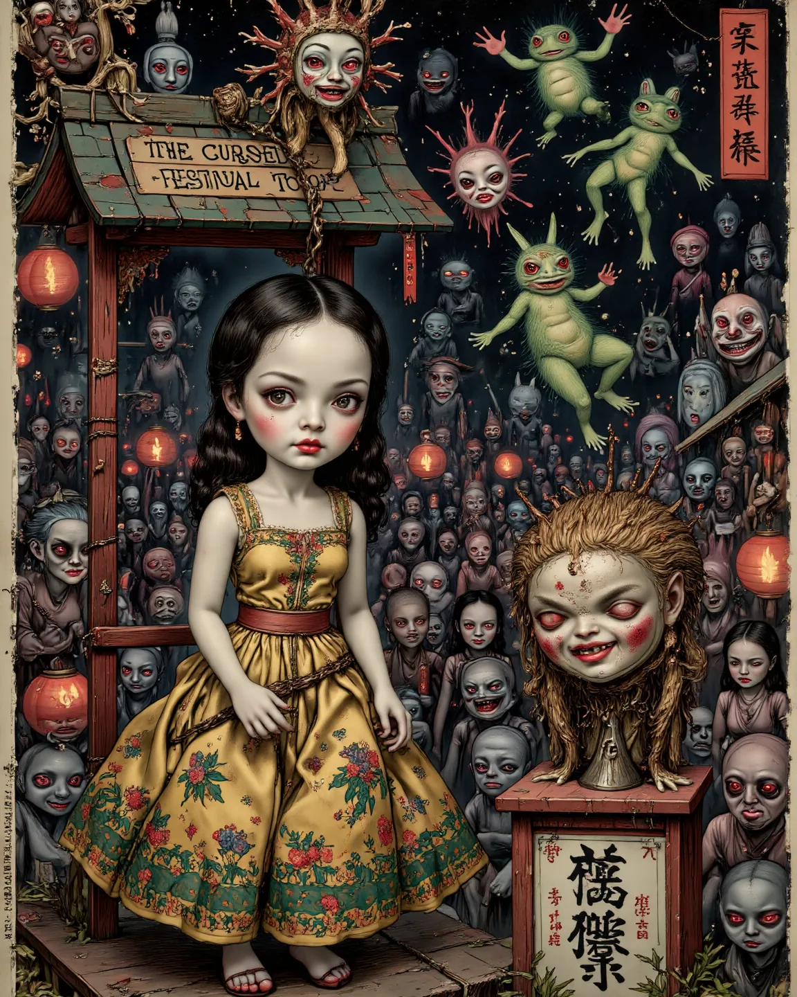 festival scene in ukiyo-e style, worn-out festival doll displayed at a small shrine booth, her smile unnaturally wide, backgroun...
