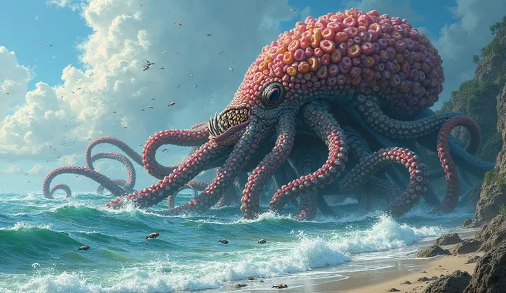 Mix octpus  and dragon fruit and create big scarry species. Full made of dragon fruit in sea side (realistic looking picture)