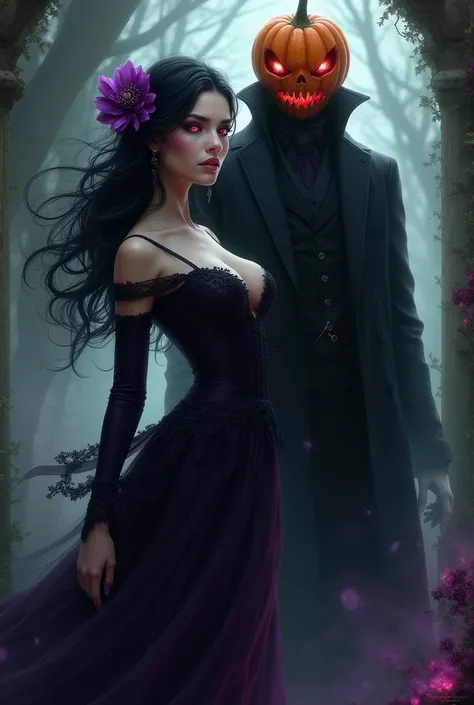 Femme Cheveux noir, Purple flower on the right side black and purple dress long sleeve red eyes with man long black coat and sca...