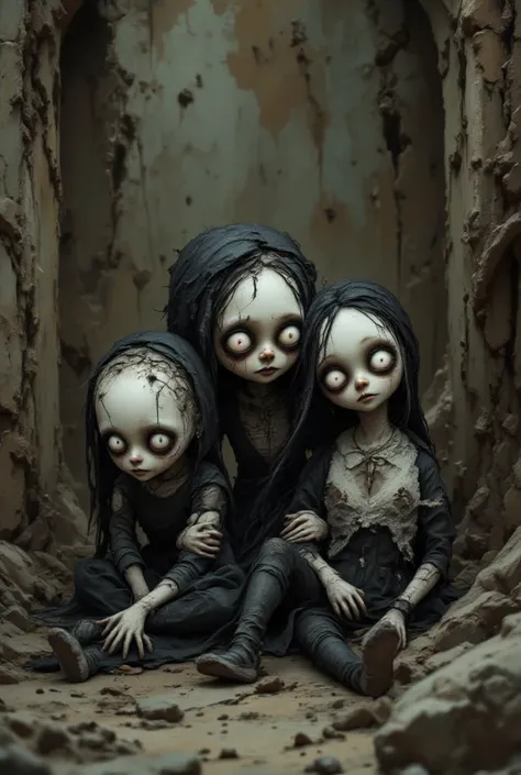 gothic dolls abandoned in the ruins looking at us.Tim Burton style.