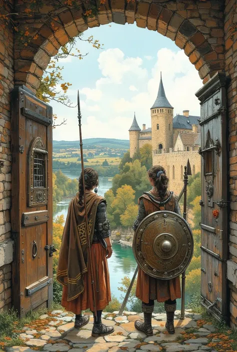 of the highest quality、 masterpiece,  A warrior girl is standing at the gates of the fortress , A shield and a sword in my hands...