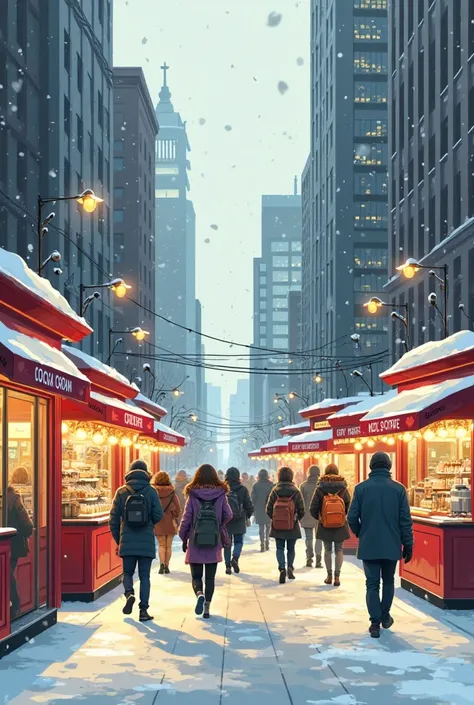 scene 2: Coffee carts on corners, staff speeding, school bell in the background. Paint the second scene like a Korean webtoon
In...