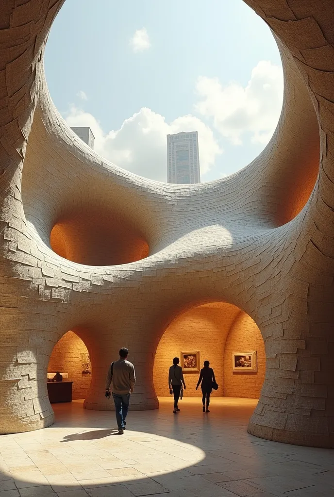 create a unique waving modern pavilion in the city area for exhibition that made of the mummies bandages materials and emerge fr...