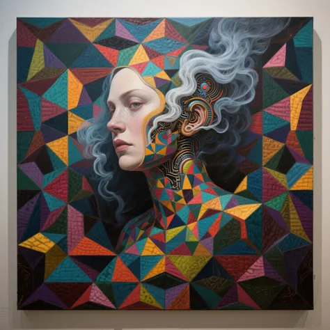 ((High Relief Trompe L'oeil,Tessellation Depth Artwork))- Complex Geometric Patterns, Vibrant Abstract Shapes, Eye-Catching Wall...