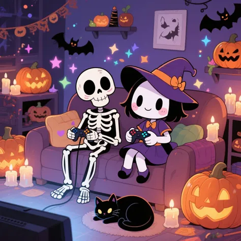 "A cute skeleton and a kawaii witch sitting together on a cozy sofa, playing video games with game controllers, surrounded by Ha...