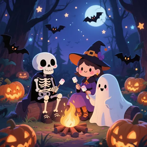 "A cute skeleton, a kawaii witch, and a friendly ghost sitting together around a campfire in a spooky forest, roasting marshmall...