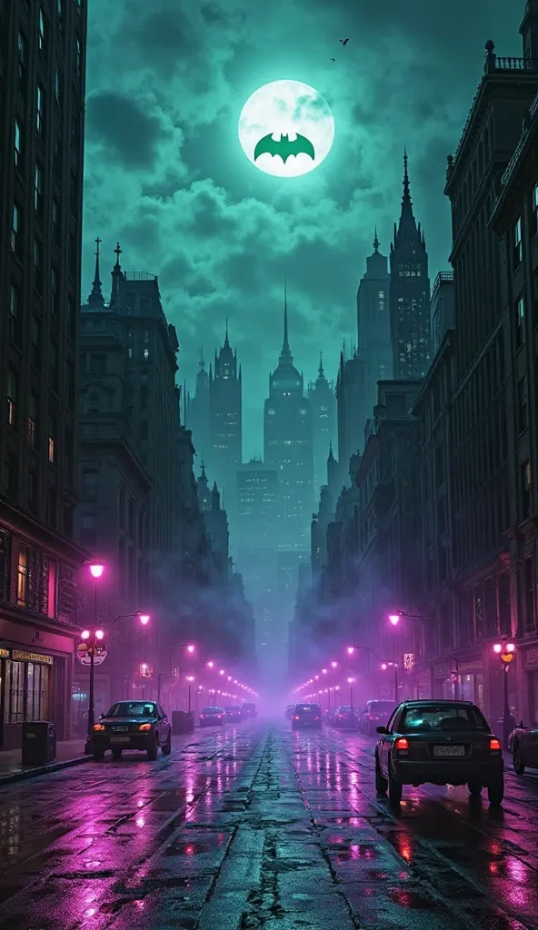 “A dark, moody night scene of Gotham City inspired by Batman. The skyline is filled with gothic skyscrapers under a cloudy night...