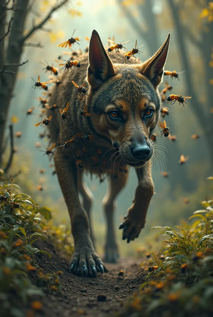 "A creepy dog covered in wasps, including on its hands and legs. The background is a forest in the morning daylight."
