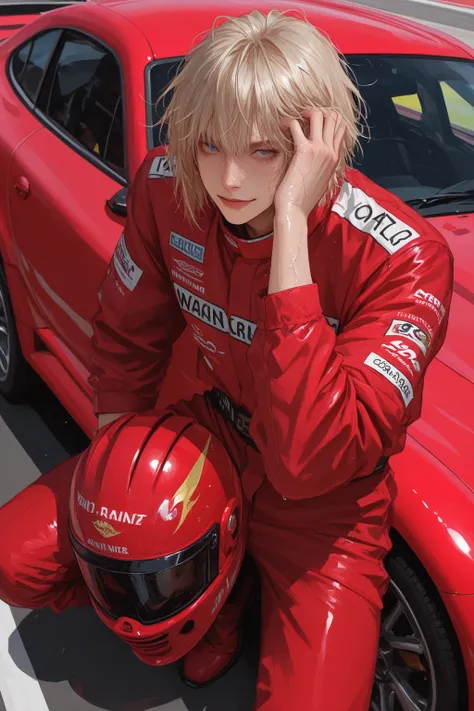 Man, solo Man, Fair skin, blue eyes, Light blonde hair, short hair, men's hair, messy hair, men's haircut, wearing a red car rac...