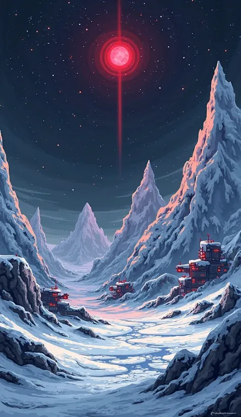 Pixel art, lots of details, ice surface, icy mountains, black sky with stars, in the sky there is a small bright red sun-star wi...