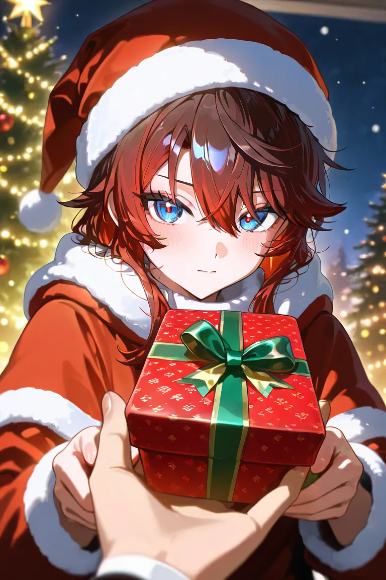Create Shinazugawa Sanemi anime character in a light style on Christmas Day, hand holding a gift box, behind a sparkling pine tr...
