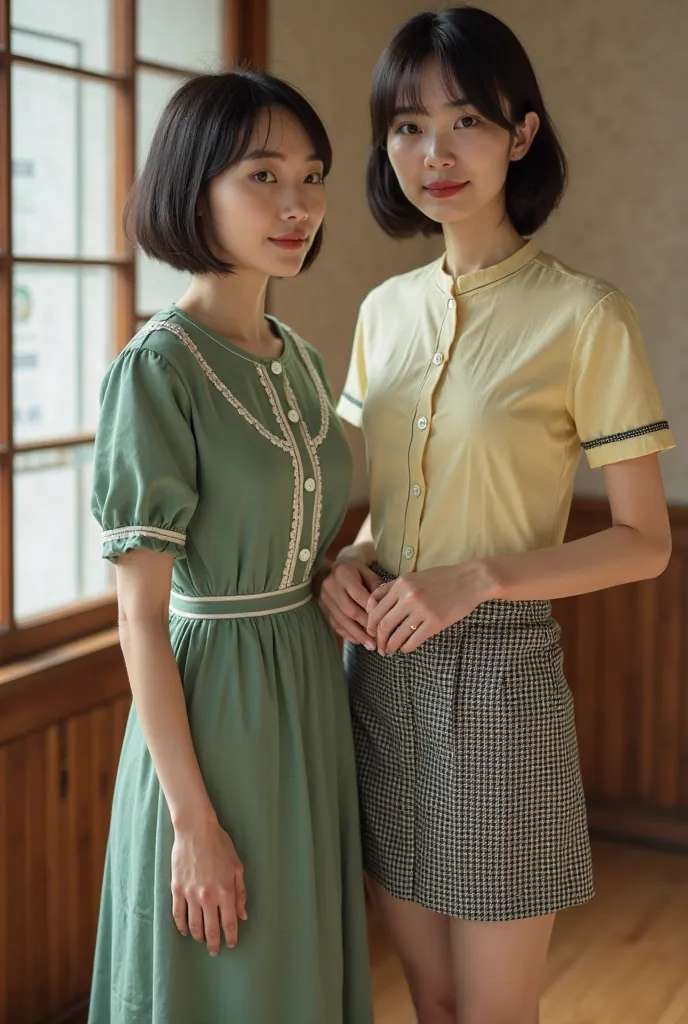 two japan woman , wearing modest clothing in an Osaka museum of Showa-period home items : (one woman short fat ugly japan woman ...