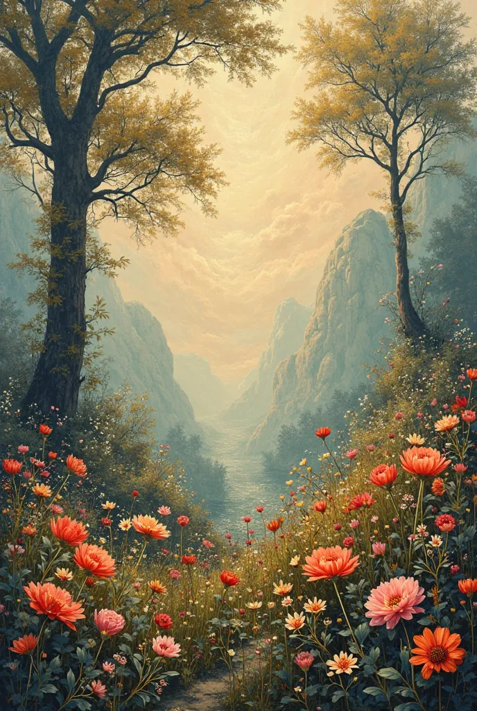 ((Masterpiece)), ((Create a stunning picture of Landscape)), (((Floral artistic image of a peaceful and spiritual landscape desi...